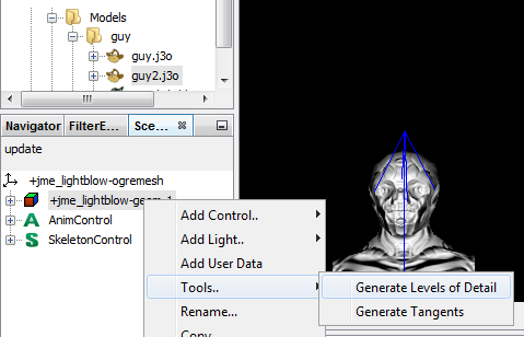 The Tools Generate LOD context menu in the SceneExplorer